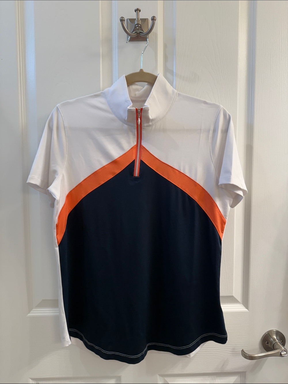 Women's Short-Sleeve Zip Mock Polo in White, Navy & Peach